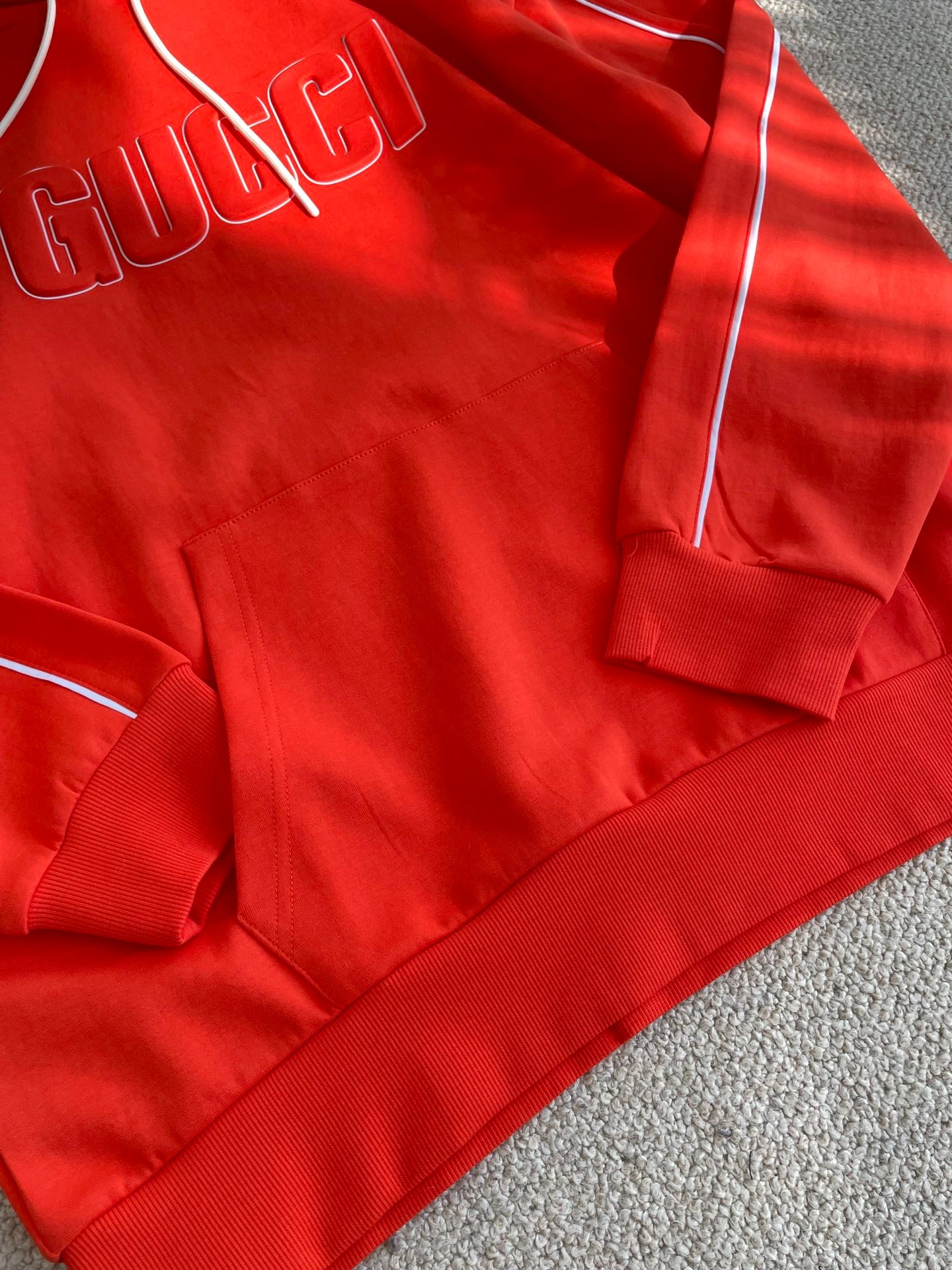Gucci Wholesale red Cotton Hoodie Mid Weight Brushed Inside Fleece Contrasting Colour Piping Round Neck Long Sleeves Mens Sweatshirt