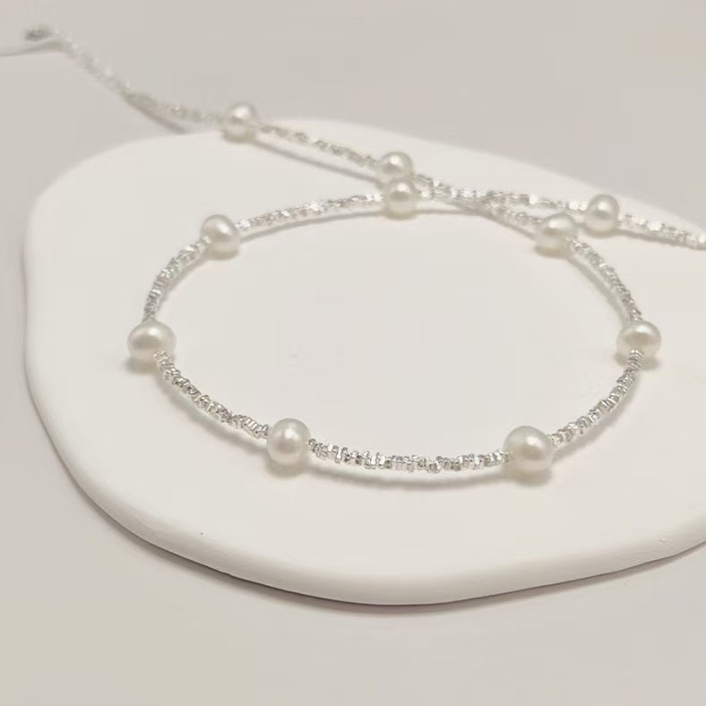 S925 Silver Natural Pearl Necklace Light Luxury Necklace Ins Broken Silver Sterling Silver Clavicle Chain