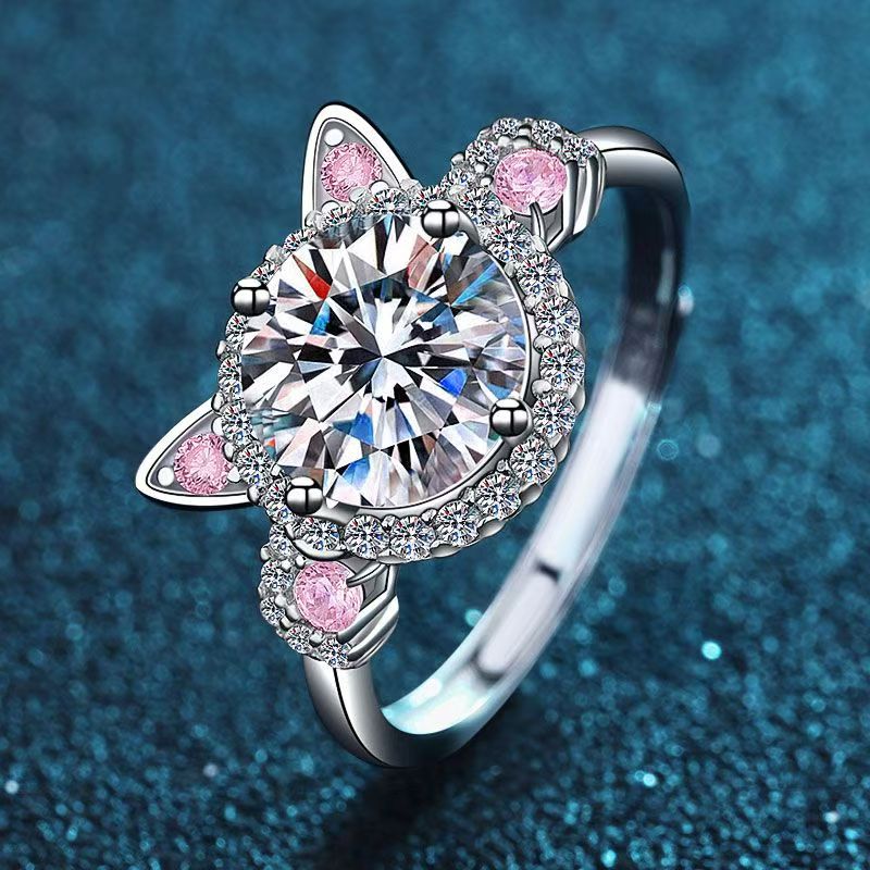 S925 Sterling Silver Korean Edition Cute Cat Open Ring Pink Cat Claw Mosang Stone Ring Female Internet celebrity
