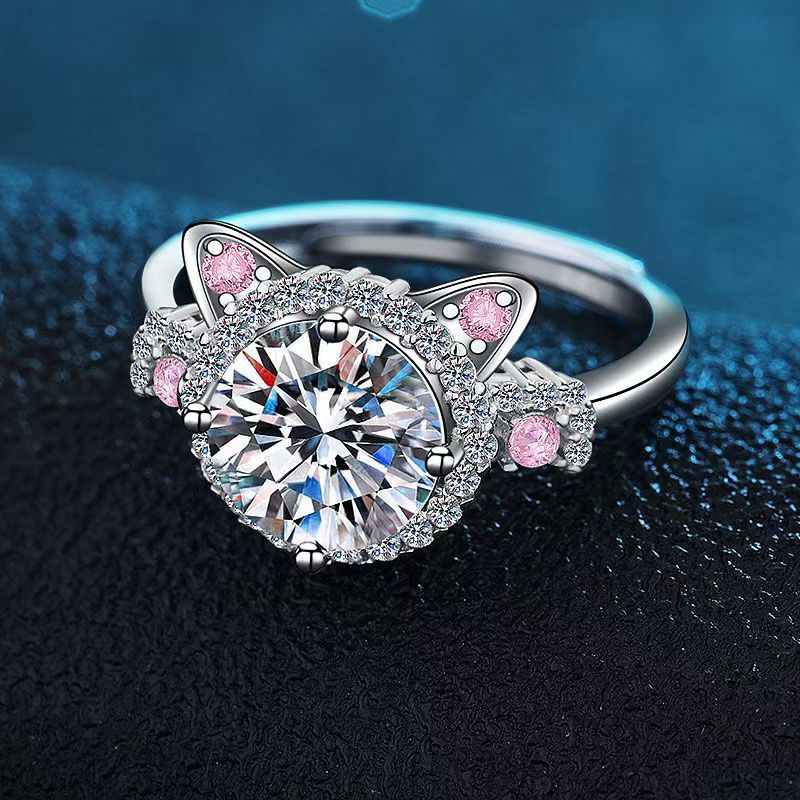 S925 Sterling Silver Korean Edition Cute Cat Open Ring Pink Cat Claw Mosang Stone Ring Female Internet celebrity