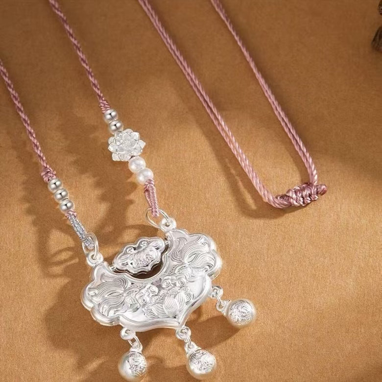 2024 Chinese style vintage Classic little lock bag Vintage hollow top long life baby jewelry women's pendant