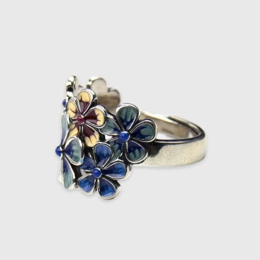 Floral Blossoms Like Brocade Flower Ring Ring Ring Cloisonne Retro Ethnic Style Pure Handmade Adjustable Hip Hop Style