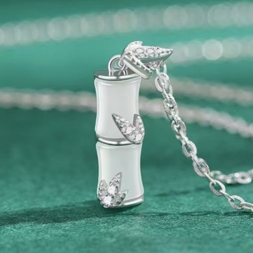 INS Style Bamboo Jade Necklace Adjustable Chain Zircon White Chalcedony Bamboo Pendant Necklace For Women