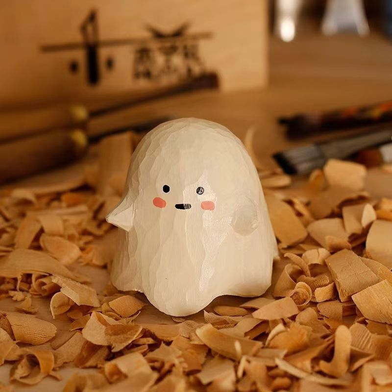 Customizable handcrafted carving cute wooden ghost figurine sculpture statue woodcarving animal art crafts