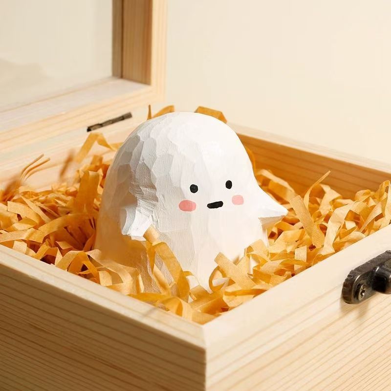 Customizable handcrafted carving cute wooden ghost figurine sculpture statue woodcarving animal art crafts